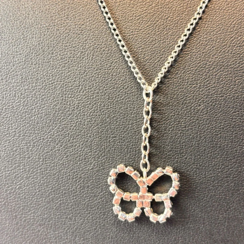 Y2K Butterfly Pendant Necklace Silver Rhinestone Fairycore Aesthetic Vintage